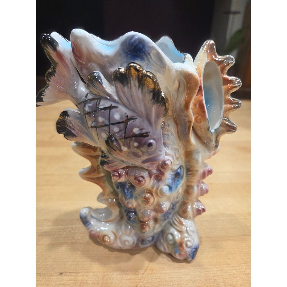 Vintage Majolica Style Ceramic Fish and Sea Shell Vase Planter